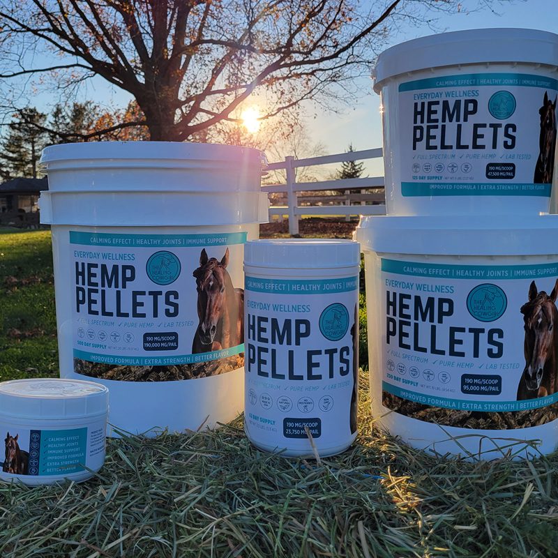 Horse hemp pellets different sizes stacked together
