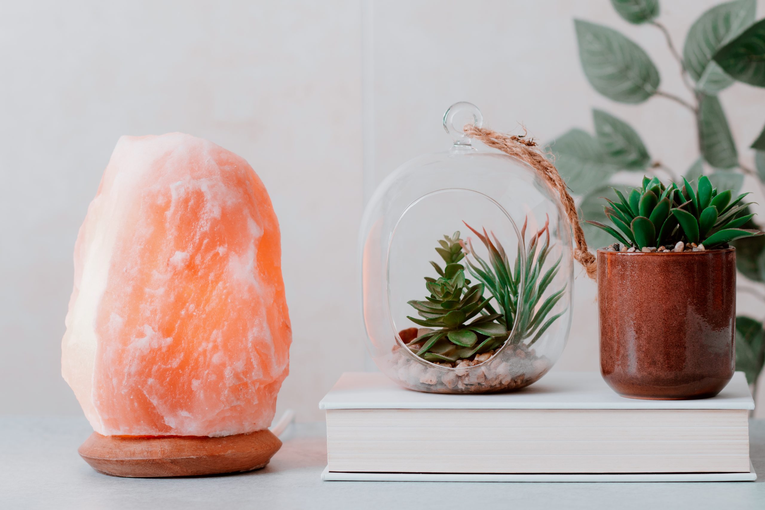 Himalayan salt lamp on table with home plants and book, stress control, calming home decor. Natural salt lamp to reduce stress and purify air