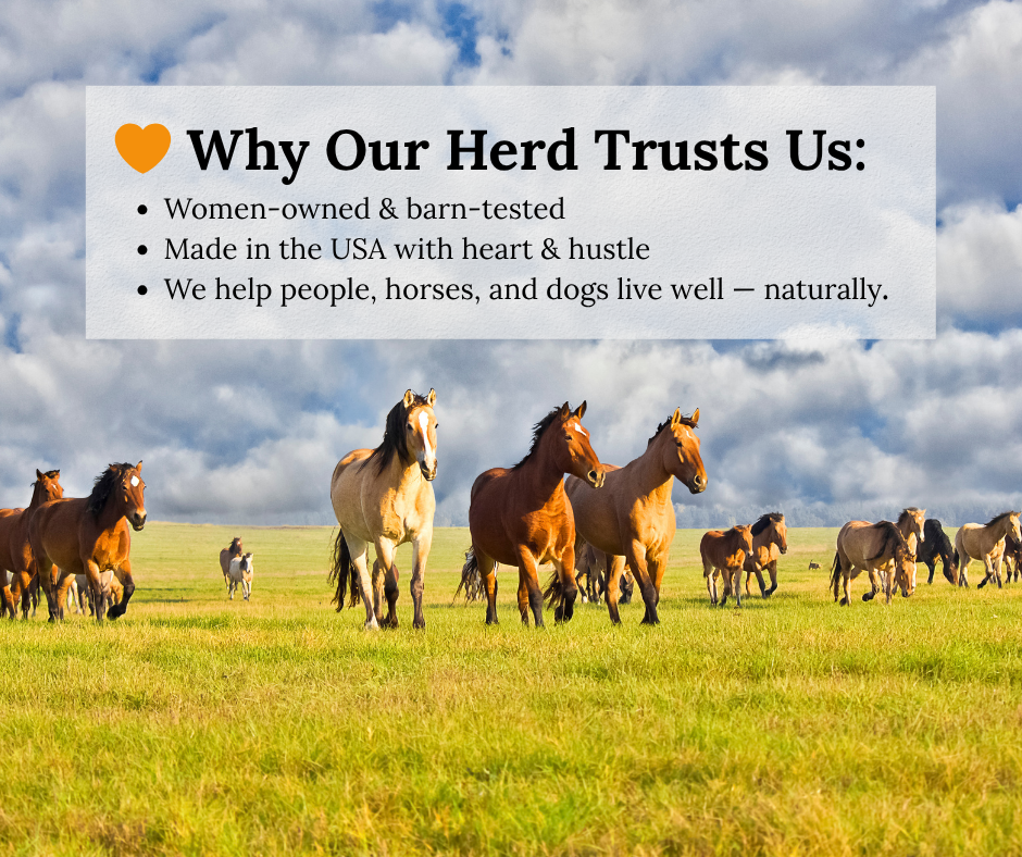 Rustic graphic with heart icon showing reasons to trust The Healing Cowgirl: women-owned, barn-tested, made in the USA, and focused on natural wellness.