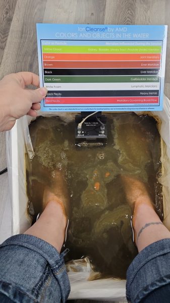 a person's feet in a tub of water