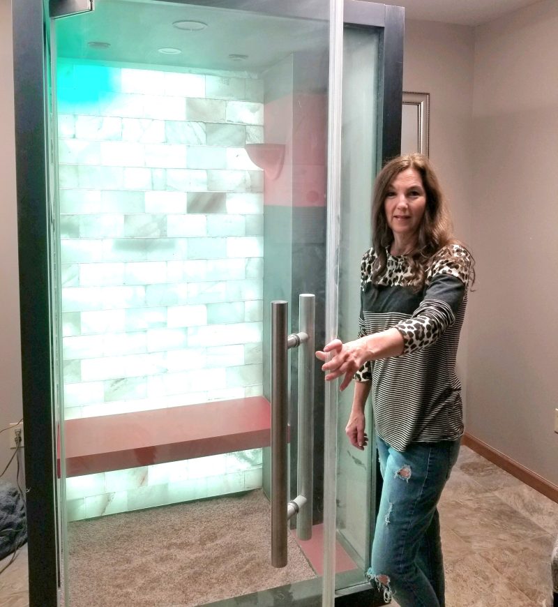 Brenda loves our salt booth!